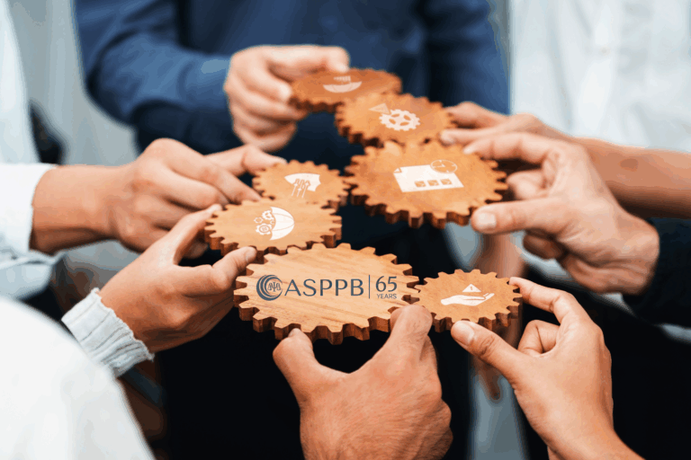 A 65-Year Commitment to Consistent, High-Quality Licensing Standards. Image of people holding gears with professional licensure symbols. The center symbol has the logo for ASPPB's 65th anniversary.